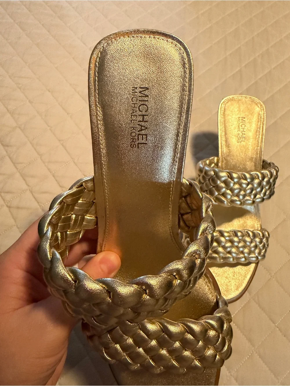Michael Kors Metallic Gold Braided Double-Strap Slide Sandals
